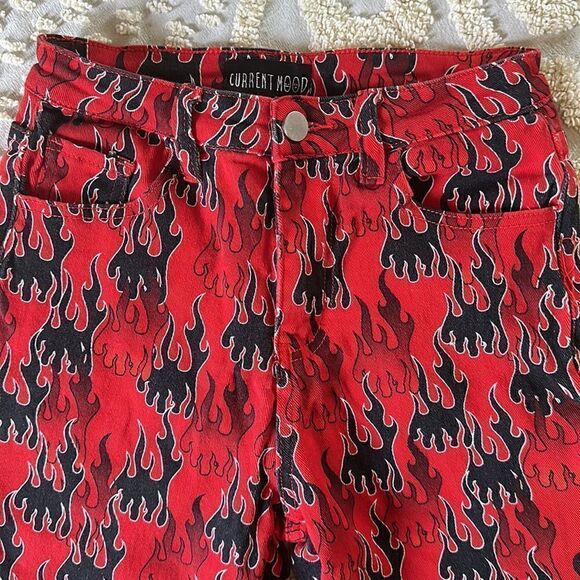 Current Mood Dolls Kill Flame Jeans Cotton Black Red Size XS Spandex - Picture 2 of 11